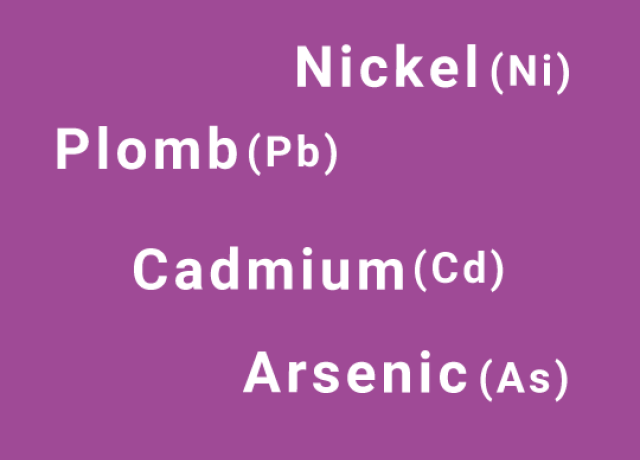 Aplat violet avec inscrit en blanc nickel, plomb, arsenic et cadmium